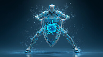 Advanced cyborg warrior standing behind a transparent high-tech shield with an AI virus symbol, featuring dramatic water splashes and liquid metal textures, symbolizing active cyber defense, AI-powere