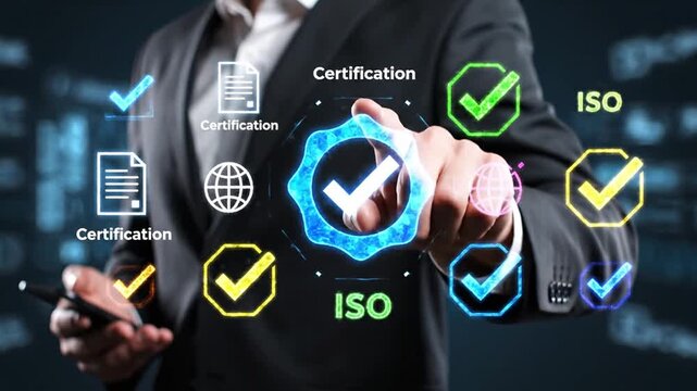 Professional managing a digital certification system for ISO standards and quality management, ensuring business compliance, accreditation, and operational excellence for global markets and trusted...
