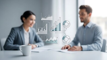 Business professionals analyzing data charts and graphs in a modern office setting with a cup of coffee on the table with analysis and teamwork