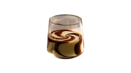 Delicious vanilla and dark chocolate swirl dessert served elegantly in a clear glass on transparent background