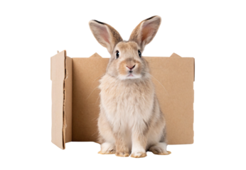 Cute rabbit sitting inside cardboard box, isolated on a transparent background