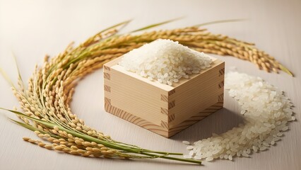 Newly harvested rice and ears of rice in a measuring box 