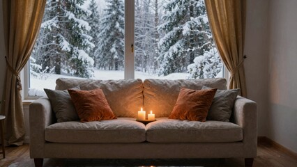 Cozy sofa with candles by snowy forest window