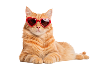 Orange tabby cat wearing heart sunglasses lying down, isolated on a transparent background