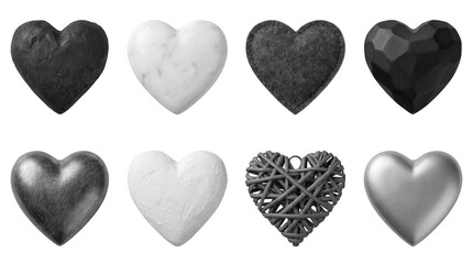 Obraz premium Heart shape collection including stone, marble, felt, geometric, metallic, plaster, and wicker textures isolated. Decorative love and romance symbols set.
