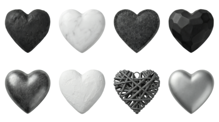 Heart shape collection including stone, marble, felt, geometric, metallic, plaster, and wicker textures isolated. Decorative love and romance symbols set.