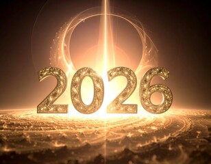 Golden year 2026 illuminated by a glowing light in a cosmic backdrop