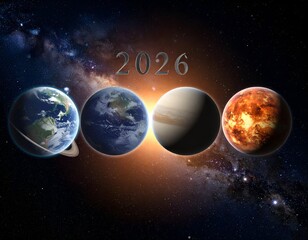 Four planets aligned against a cosmic nebula, with a numeral "2026