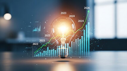 Glowing Light Bulb Idea with Financial Growth Chart and Futuristic Data Visualization.