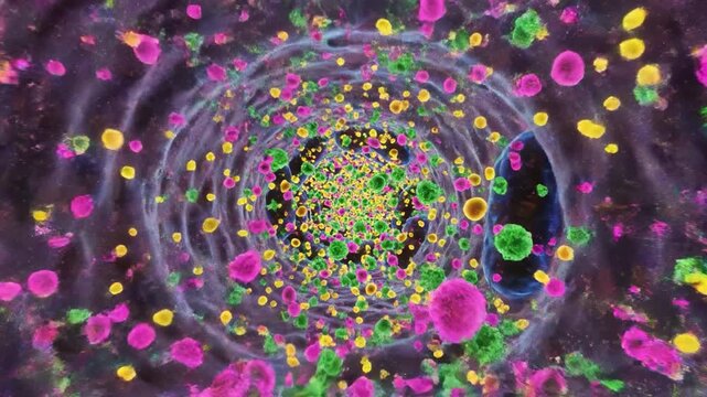 Colorful microscopic tunnel of cell clusters with pink and green particles and yellow vesicle spheres creating dynamic depth. colorful microscopic view of viral particles and immune molecules vessel