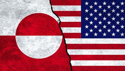 United States and Greenland flags split by jagged crack symbolizing geopolitical division on dark background
