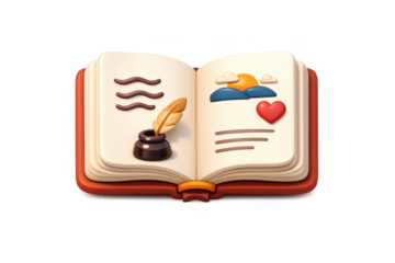 Simple poetry book icon with quill and heart elements for creative design and composition themes