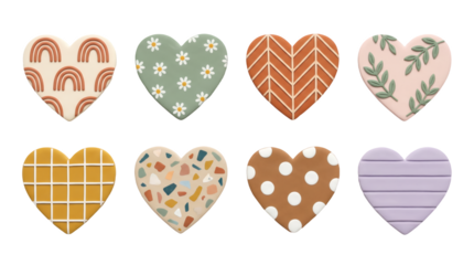 Heart shaped cookie set including rainbow, daisy, chevron, leaf, grid, terrazzo, polka dot, and striped patterns isolated. Valentines day and wedding celebration sweets.