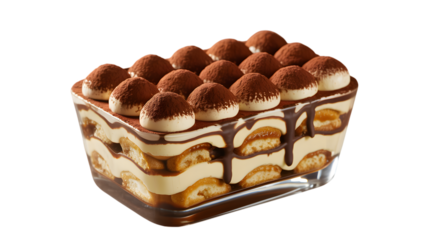 Decadent layered tiramisu dessert presented beautifully in a clear glass dish on transparent background