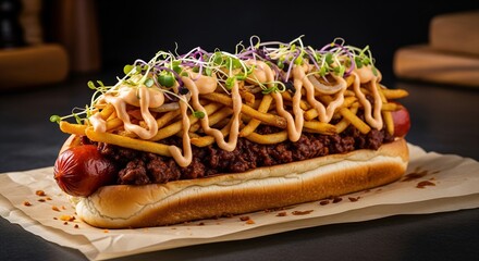 Loaded chili cheese bacon mac hot dog with fries and microgreens