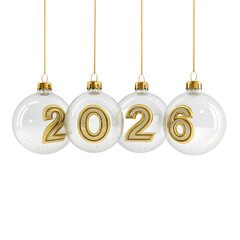 Four glass ornaments with 2026 numbering isolated on white background