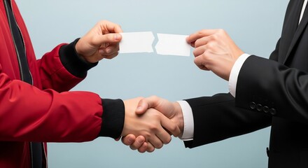 Business partnership handshake with torn paper contract