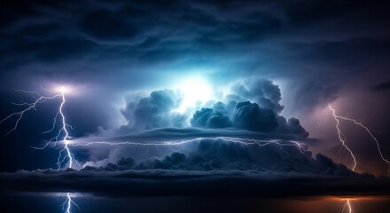 Dramatic lightning storm clouds with bright electric bolts in dark sky