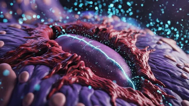 Bioluminescent cell microscopic tissue glowing membrane molecular texture neon particle close up microscopic glowing nanoparticle treatment entering ruptured cell membrane with bioluminescent