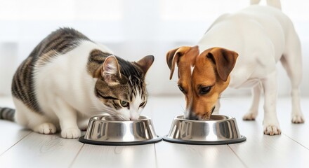 Cat and dog eating from stainless steel bowls on white floor