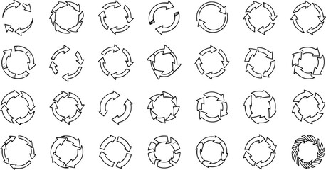 Fototapeta premium Collection of diverse circular arrow icons, symbols, and elements, depicting refresh, reload, recycle, loop, rotation, and process concepts, in various styles and numbers, isolated on white.