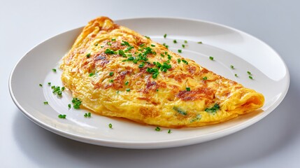 Omelette served on pale ceramic with empty space emphasis