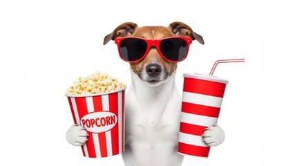 Cute dog enjoying movie night with popcorn and soda