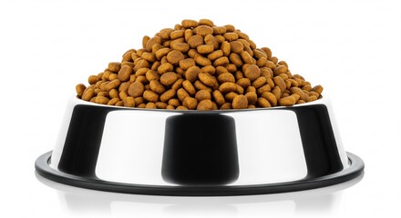 Pet food in shiny metal bowl on white background for pet care