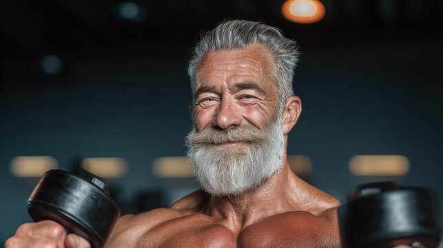 Smiling senior man with gray beard lifting dumbbells in gym, concept of healthy aging and fitness lifestyle