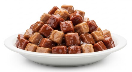 Delicious caramelized cubed food in white bowl on clean background