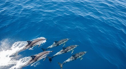 Dolphins swimming together in ocean waves creating splashing water trails