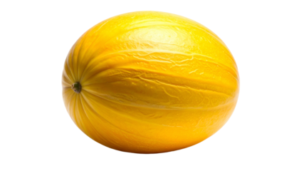 A ripe, whole, yellow melon with textured skin against a black background