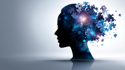 Mental health awareness concept: silhouette of human head with puzzle pieces, gears, or flowers inside representing psychological complexity. Modern, artistic interpretation of inner emotional world