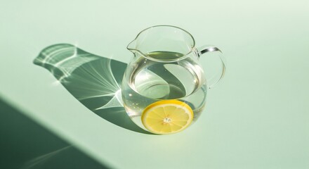 Refreshing glass pitcher of lemon water on a light green background