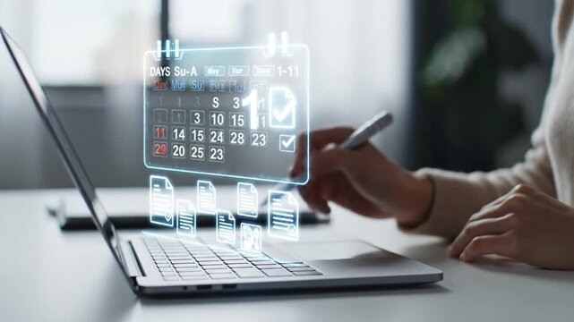 Professional scheduling tasks and managing digital documents on a laptop with a virtual holographic calendar and digital pen. Concept of future technology, AI, productivity, and smart office...