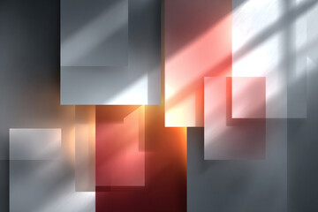 An abstract composition of translucent geometric shapes with soft light rays and gradient transitions of gray, white, and warm red-orange hues.  