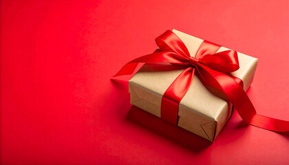 Obraz premium Festive brown paper gift box with bright red ribbon and bow on a rich red background