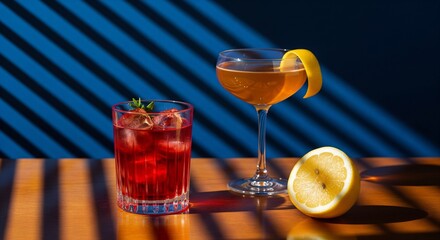 Two elegant cocktails on a wooden table with lemon and blue background
