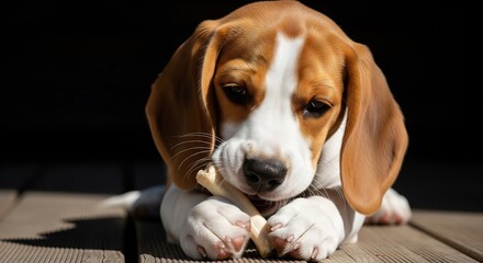 Cute beagle puppy chewing on a bone on wooden deck