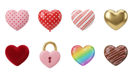 Heart set including polka dots, stripes, gold, velvet, lock, rainbow, and chocolate variants isolated. Valentines day and romantic love collection.