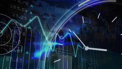 Animation of counting over financial graphs and world map over clock on navy background - Powered by Adobe
