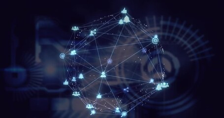 Globe of digital icons spinning over digital interface with data processing on black background - Powered by Adobe