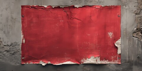 Red Poster on Concrete Wall: A weathered red poster with textured layers of paint is displayed against a rugged, grey concrete wall, creating an arresting contrast.