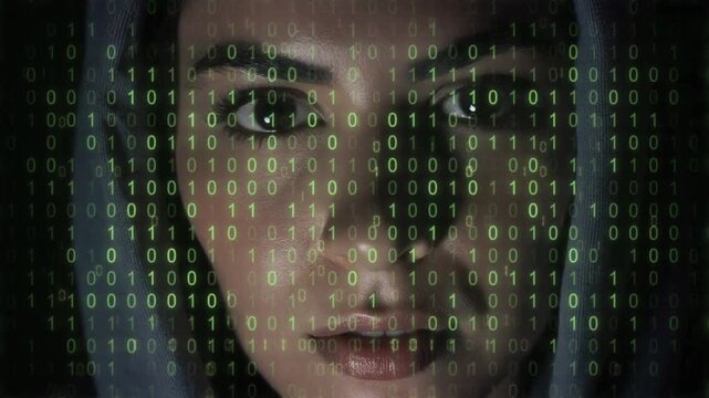 Face of a young woman in the dark and binary code as a symbol of hacking and life in a digital world