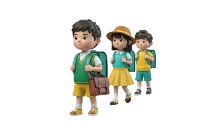 Three cartoon children with backpacks walking