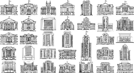 Detailed line art architectural sketches collection. Hand-drawn illustrations of diverse government, university, and office buildings for design projects and educational materials.