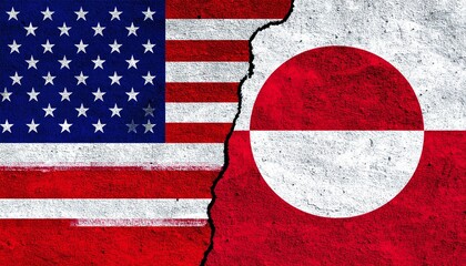 United States and Greenland flags split by jagged crack symbolizing division on dramatic background