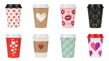 Valentine's day disposable coffee cup set including heart, kiss, and arrow patterns isolated. Romantic beverage packaging collection for cafes and celebrations.