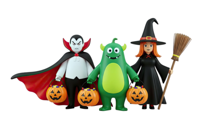 Three Halloween Characters Trick-or-Treating with Candy Buckets