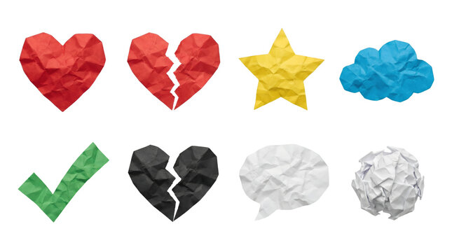Crumpled paper shape set including heart, broken heart, star, cloud, checkmark, speech bubble, and ball isolated. Textured colorful paper craft collection for creative design.